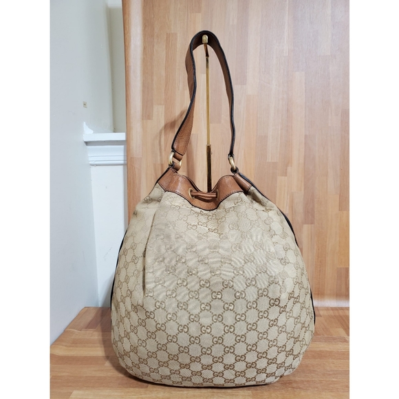 GUCCI Monogram Web Rania Drawstring Shoulder Bag Sand - Picture 2 of 12